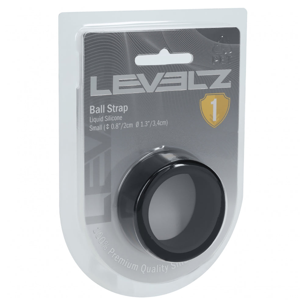 Levelz Liquid Silicone Ball Strap Small 34mm Black packaging featuring a black silicone strap with product details.