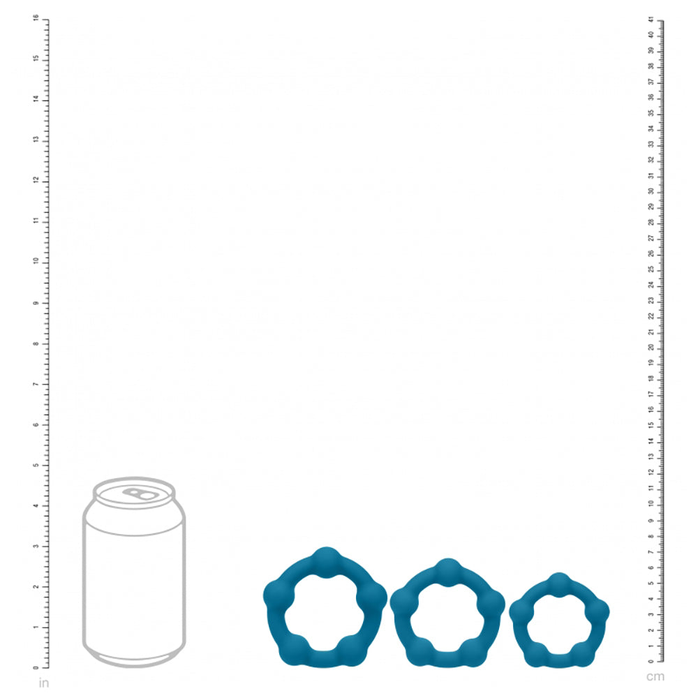 Levelz Beaded Silicone Cock Ring Set 35mm 40mm 45mm Teal shown with a standard soda can for size comparison.