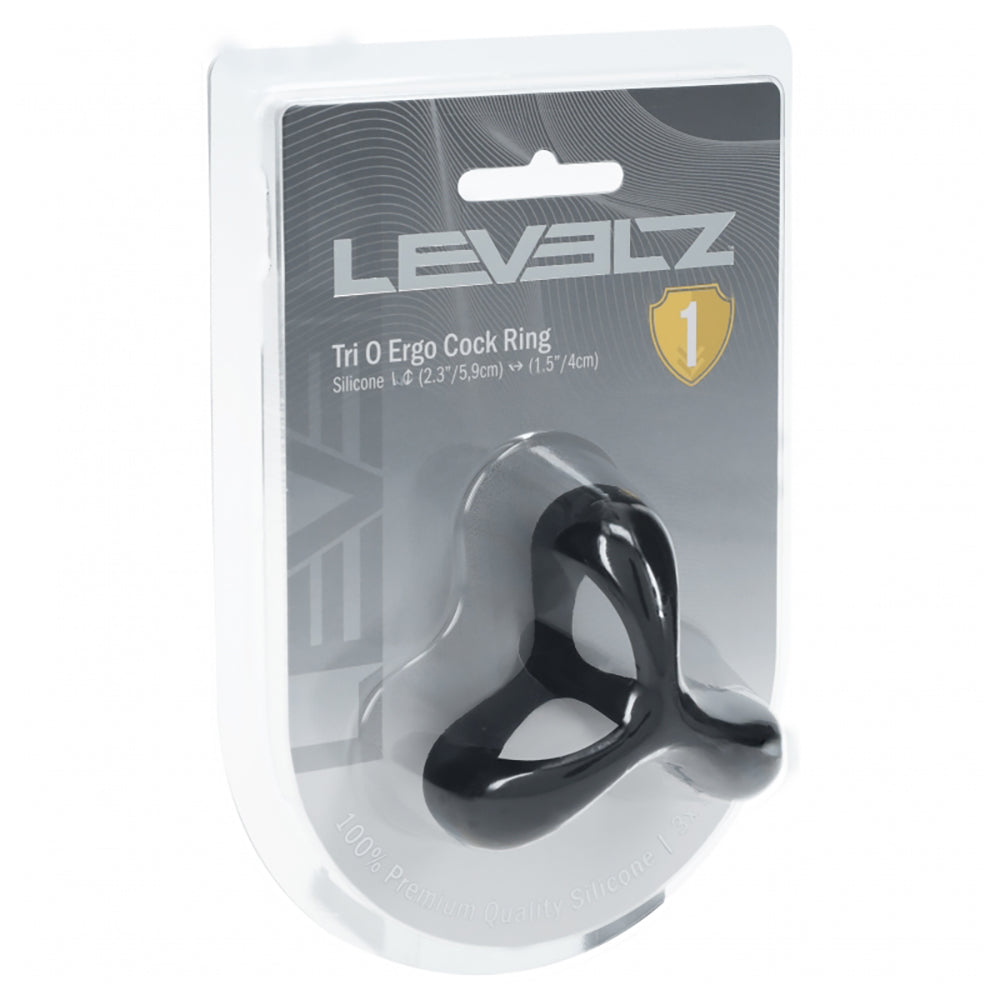 Levelz Tri O Ergo Silicone Cock Ring Black packaging with product details and design, showcasing its three-loop structure.