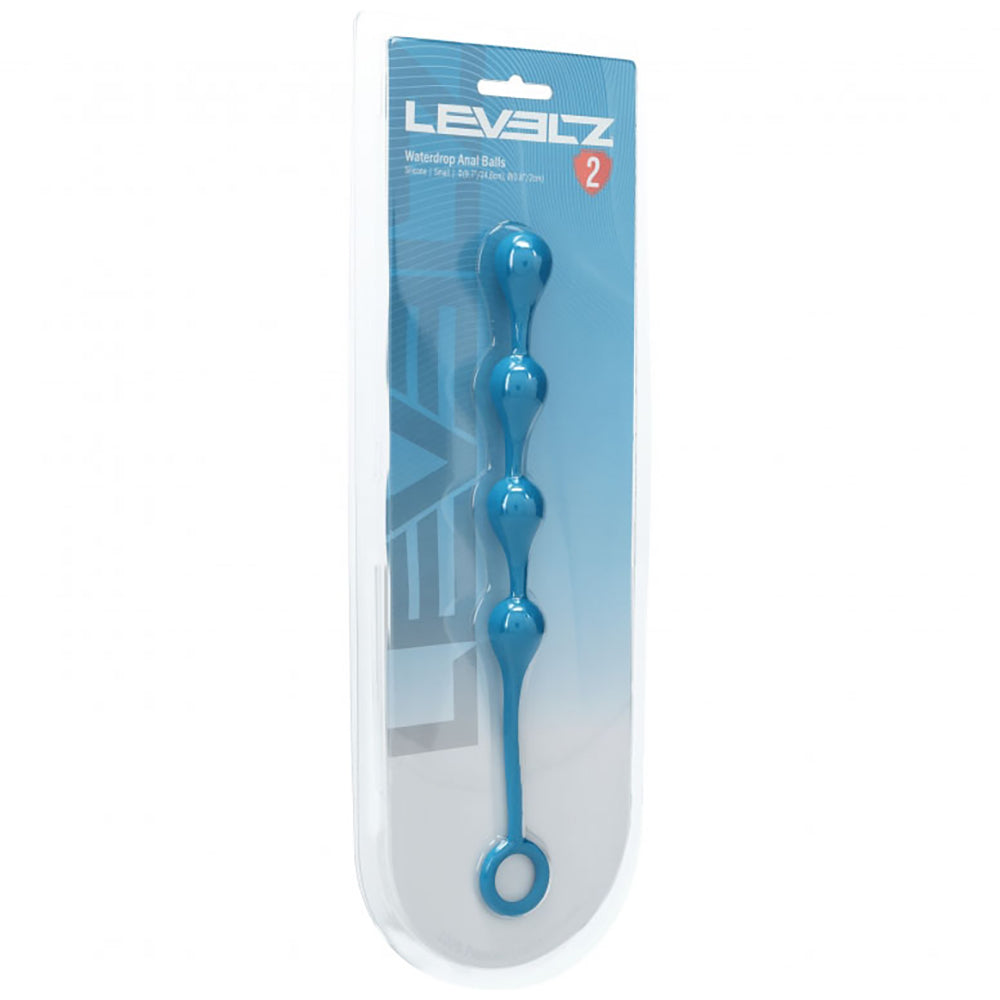 Levelz Waterdrop Silicone Anal Balls Small 20mm Teal in packaging, designed for gentle anal play.