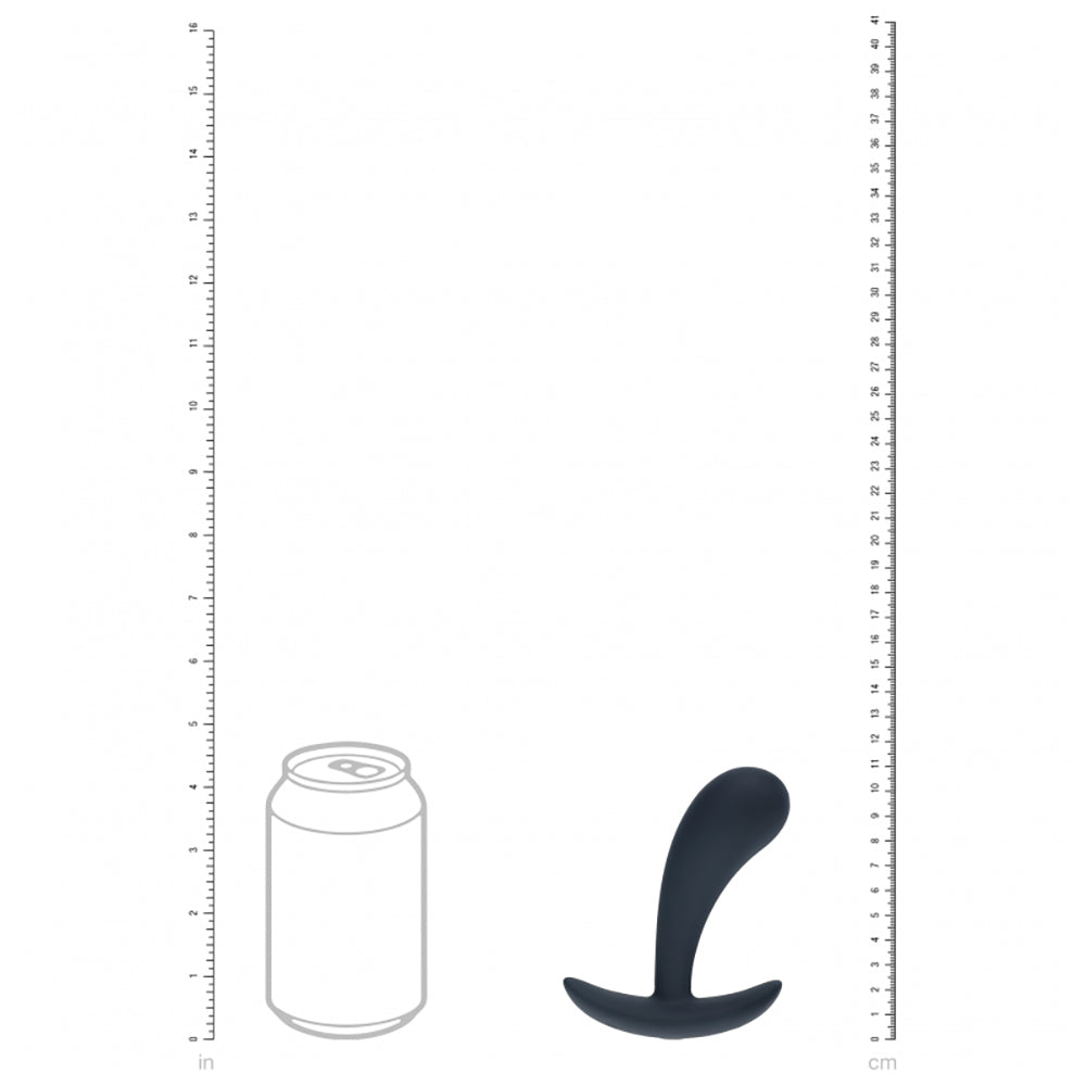 Levelz Vibrating Silicone Prostate Stimulator Anal Plug Small Black with size reference next to a soda can.