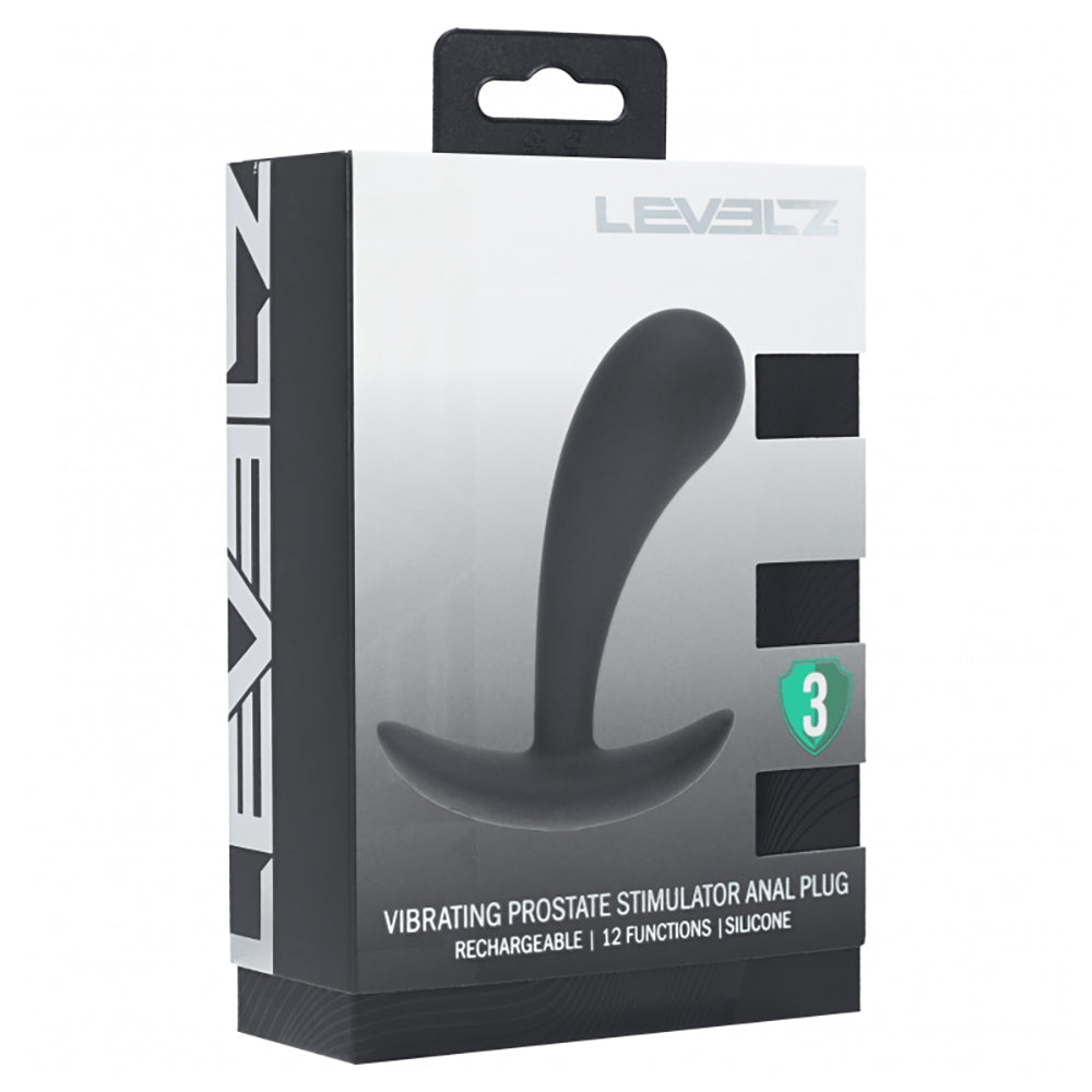 Levelz Vibrating Silicone Prostate Stimulator Anal Plug Small Black packaging with ergonomic design and features.