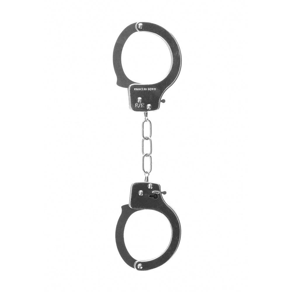 Shots Ouch Metal Pleasure Handcuffs featuring sturdy metal design and secure locking mechanism for bondage play.