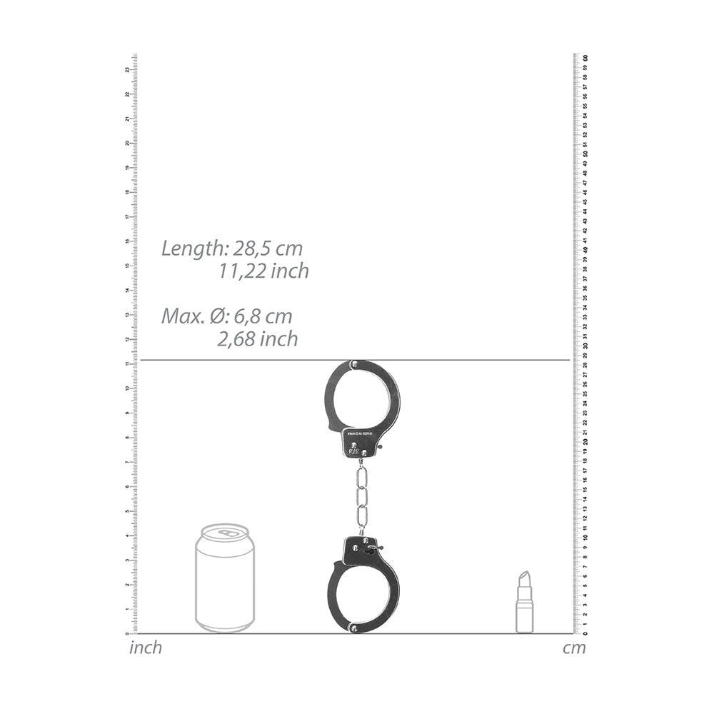 Shots Ouch Metal Pleasure Handcuffs dimensions with measurements shown next to a can and lipstick for scale.