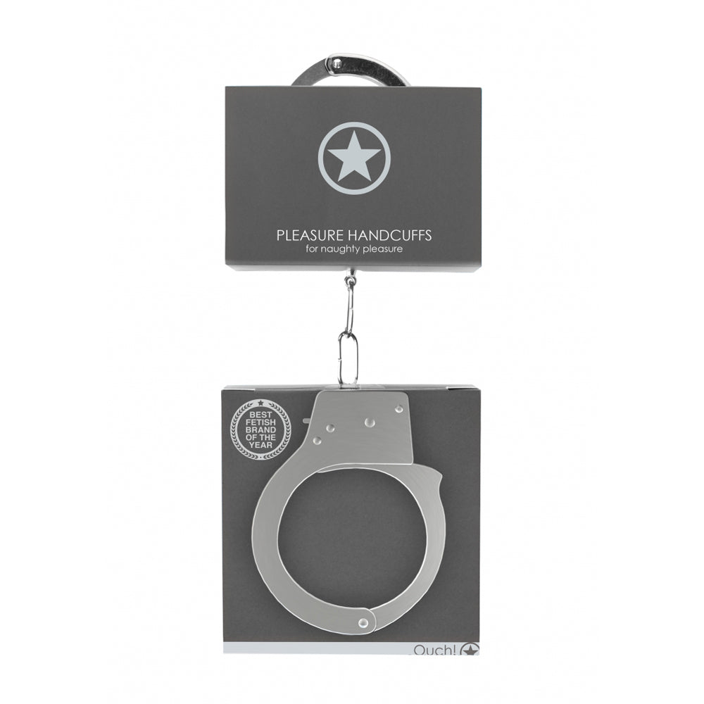Shots Ouch Metal Pleasure Handcuffs displayed in packaging for bondage play and erotic exploration.