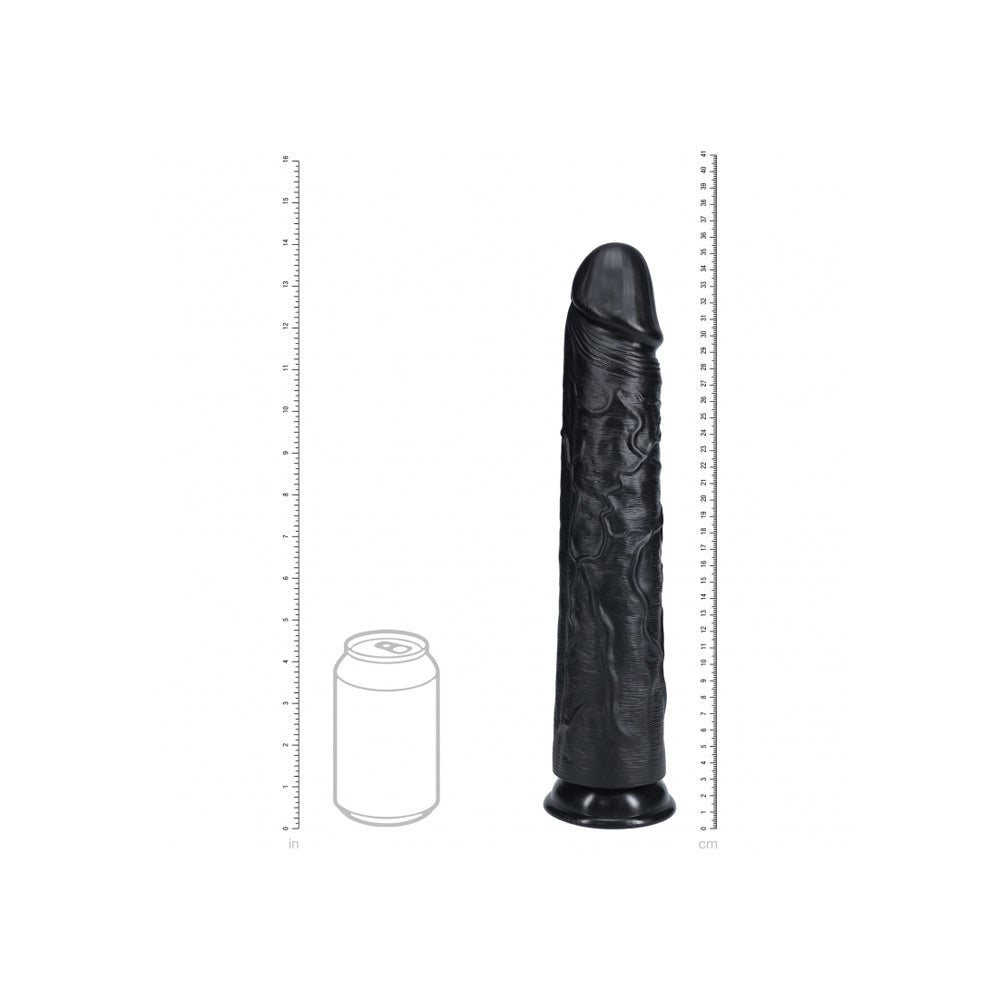 Realrock Extra Long Realistic Dildo No Balls 14 inches Black displayed next to a can for size reference.