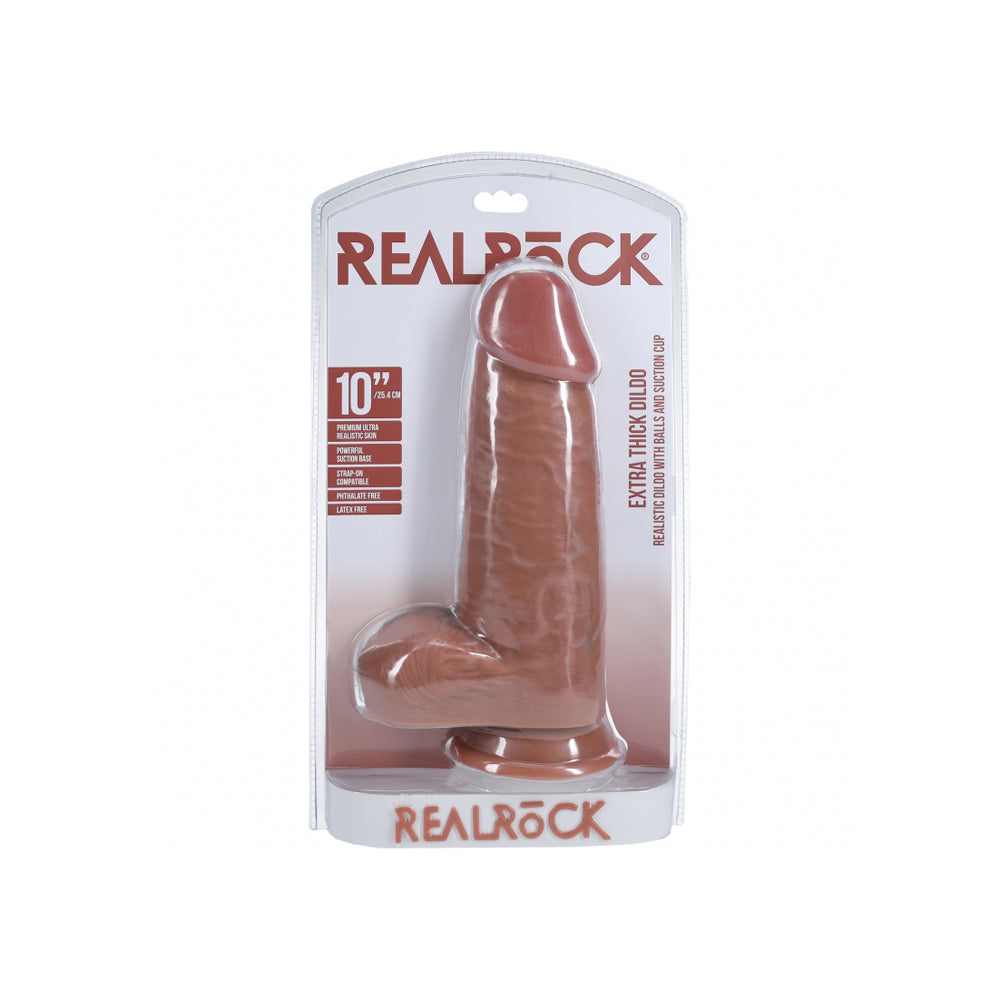 RealRock 10 Inch Extra Thick Realistic Dildo With Balls Tan in packaging showcasing lifelike details and textured shaft.