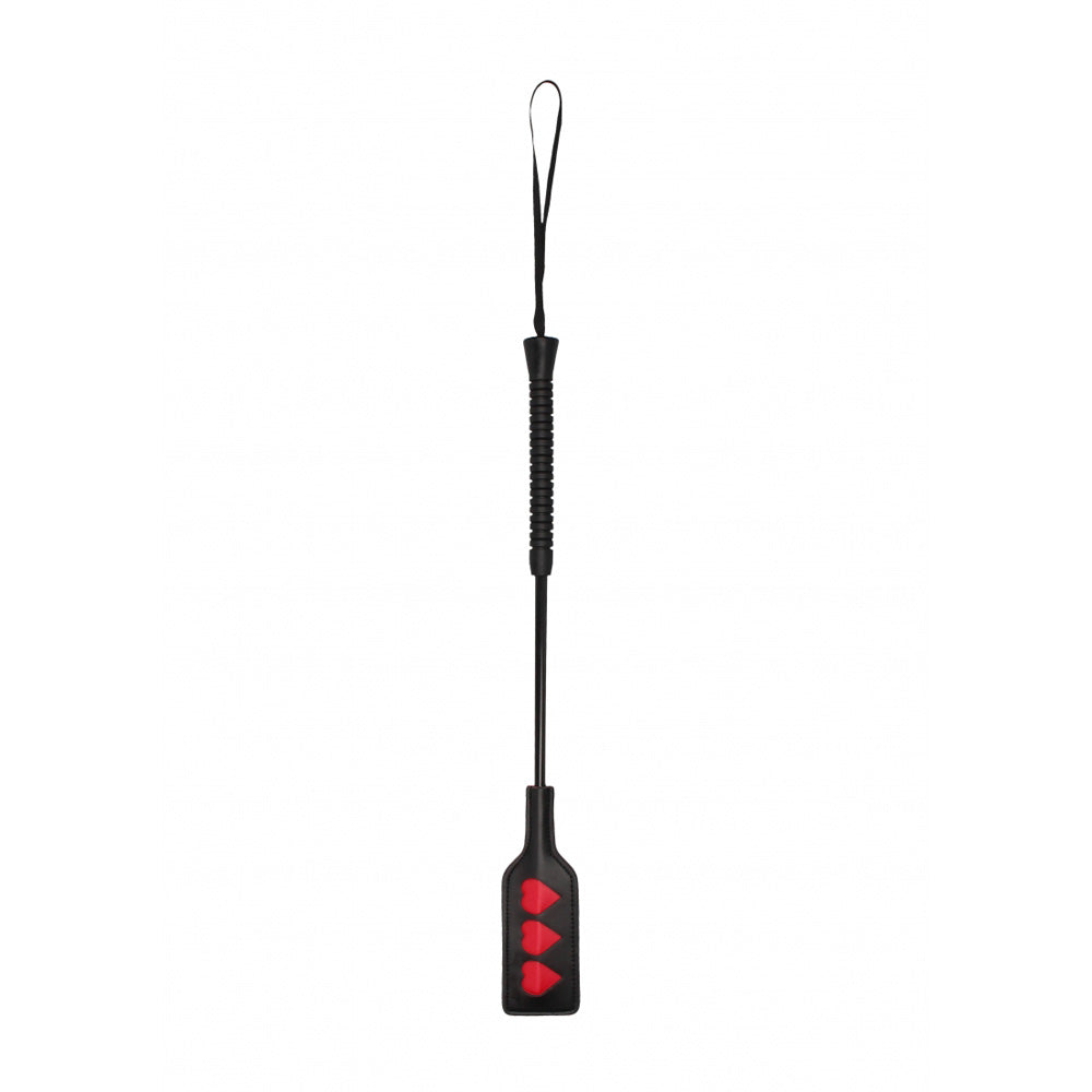 Ouch Heart Shaped Short Handle Crop Large Black with heart-shaped tip and short handle for playful discipline.