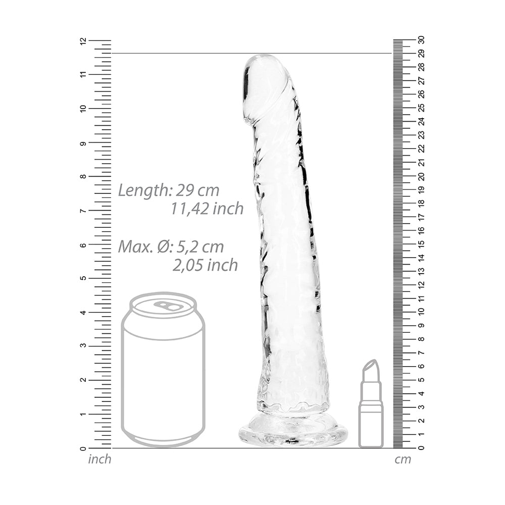 Realrock Crystal Clear 10 Inch Slim Dildo Transparent with measurements and size reference next to a can.