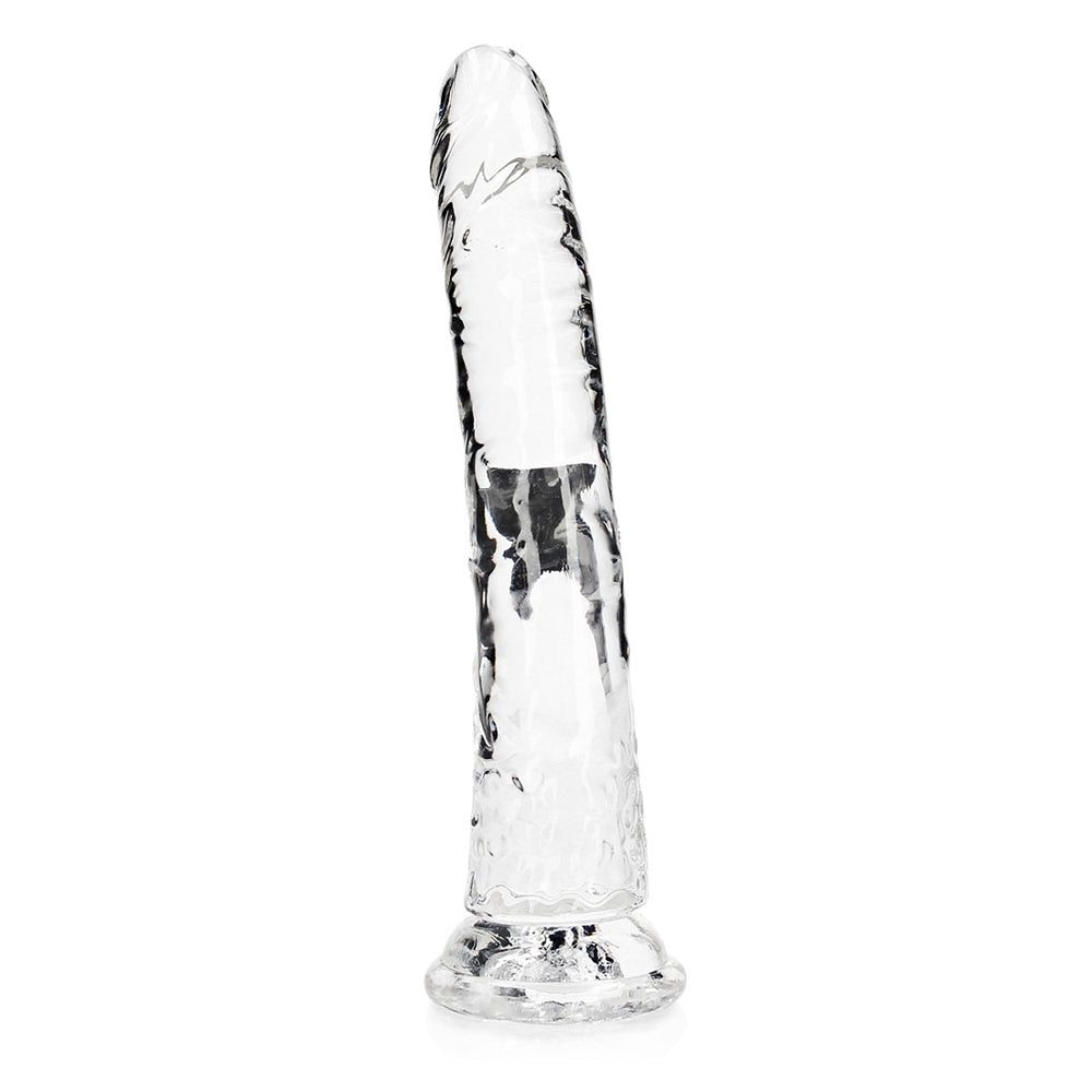 Realrock Crystal Clear 10 Inch Slim Dildo Transparent showcasing its sleek, see-through design and elegant shape.