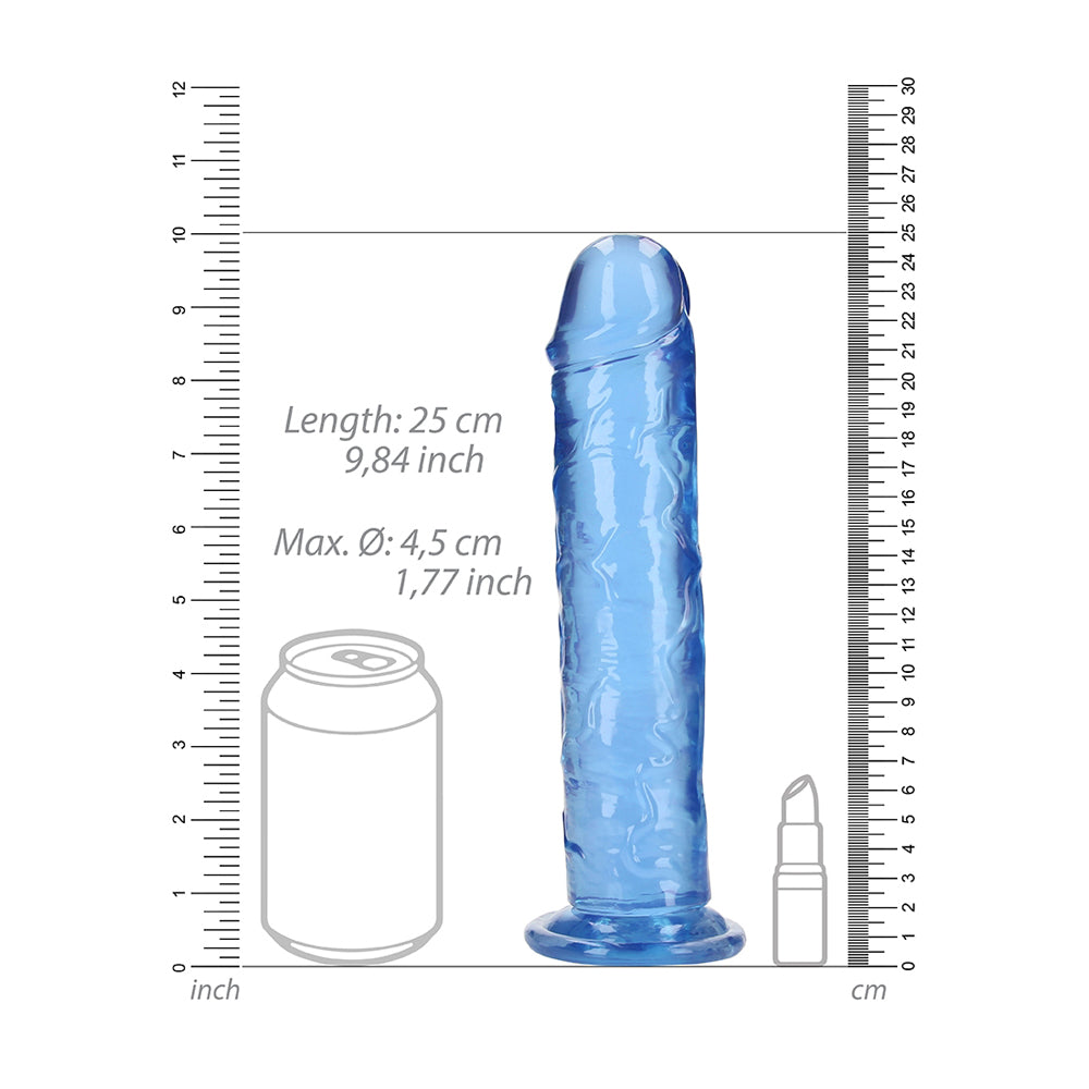 Realrock Crystal Clear 9 Inch Straight Realistic Dildo Blue with size measurements displayed next to a can for scale.