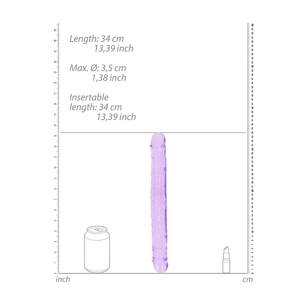 Realrock Crystal Clear Double Dong 13.4 inches Purple dimensions illustration with measurement guide.