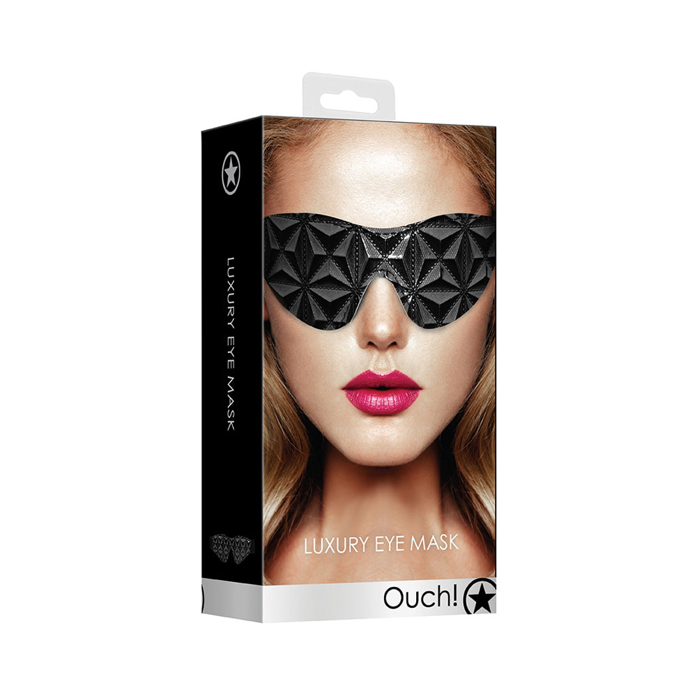 Ouch Luxury Faux Leather Eye Mask Black in stylish packaging for sensory-focused bondage play.