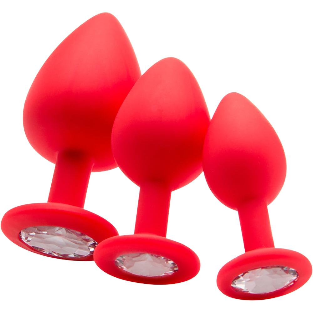 Ouch Regular Diamond Butt Plug Red set of three silicone plugs with jewel bases, perfect for anal play.
