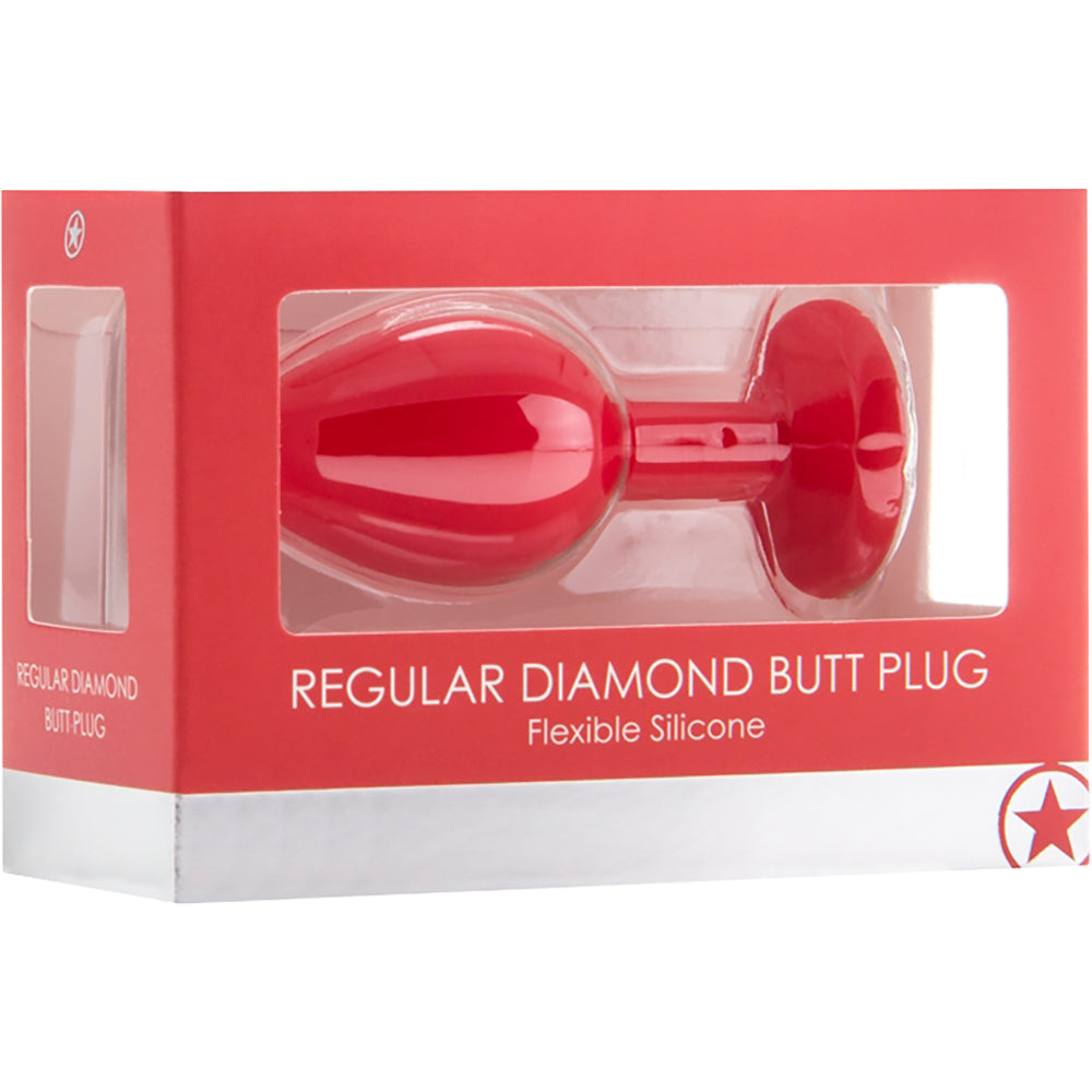 Ouch Regular Diamond Butt Plug Red in packaging with a smooth silicone finish and jewel-inspired design.