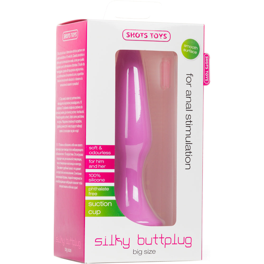 Shots Toys Silky Buttplug Big Pink packaging for anal stimulation with soft and odorless design.