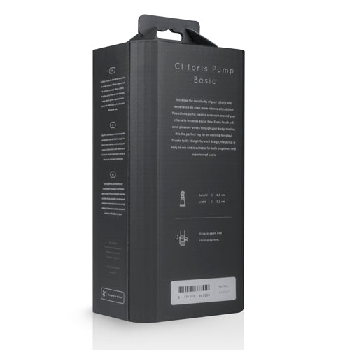 Saiz Clitoris Pump Basic with Squeeze Ball packaging showing product features and dimensions.
