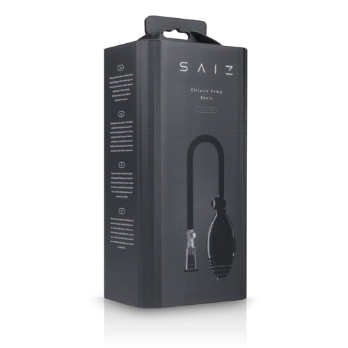 Saiz Clitoris Pump Basic with Squeeze Ball packaging displaying product features and design.