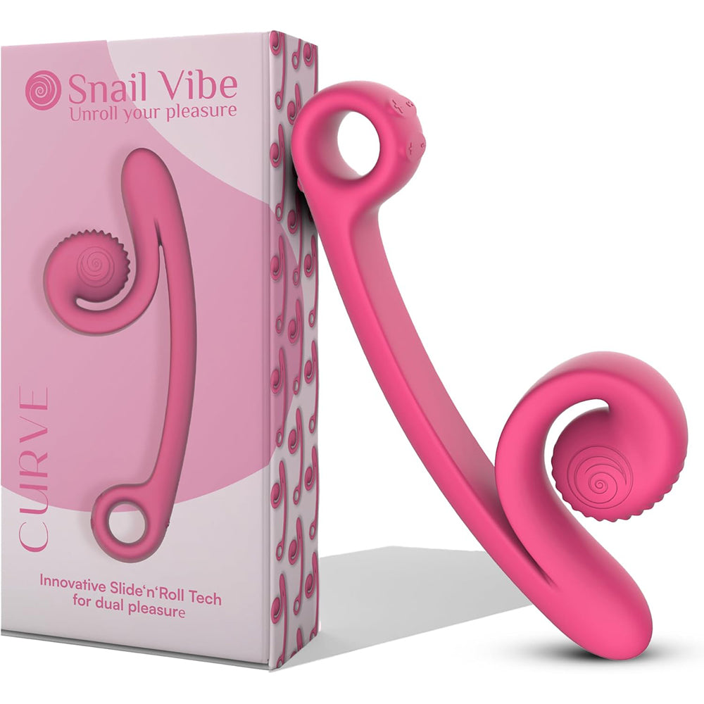 Snail Vibe Curve Dual Pleasure Vibrator Pink next to its packaging, showcasing innovative design for dual stimulation.