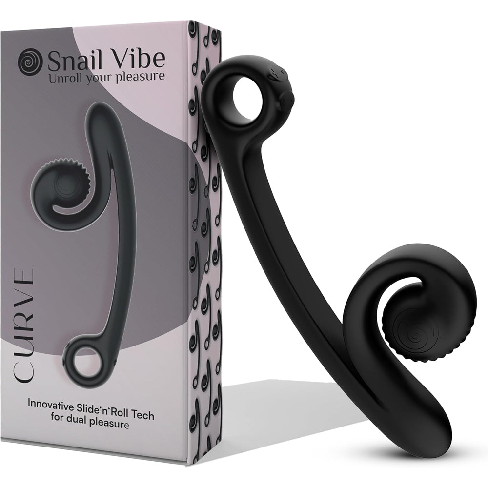 Snail Vibe Curve Dual Pleasure Vibrator Black on display with box showcasing innovative design for dual pleasure.