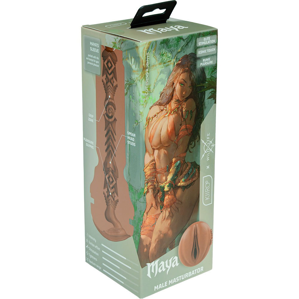 Kiiroo Feel Maya TPE Male Stroker for Keon 2 packaging featuring the warrior heroine Maya design.
