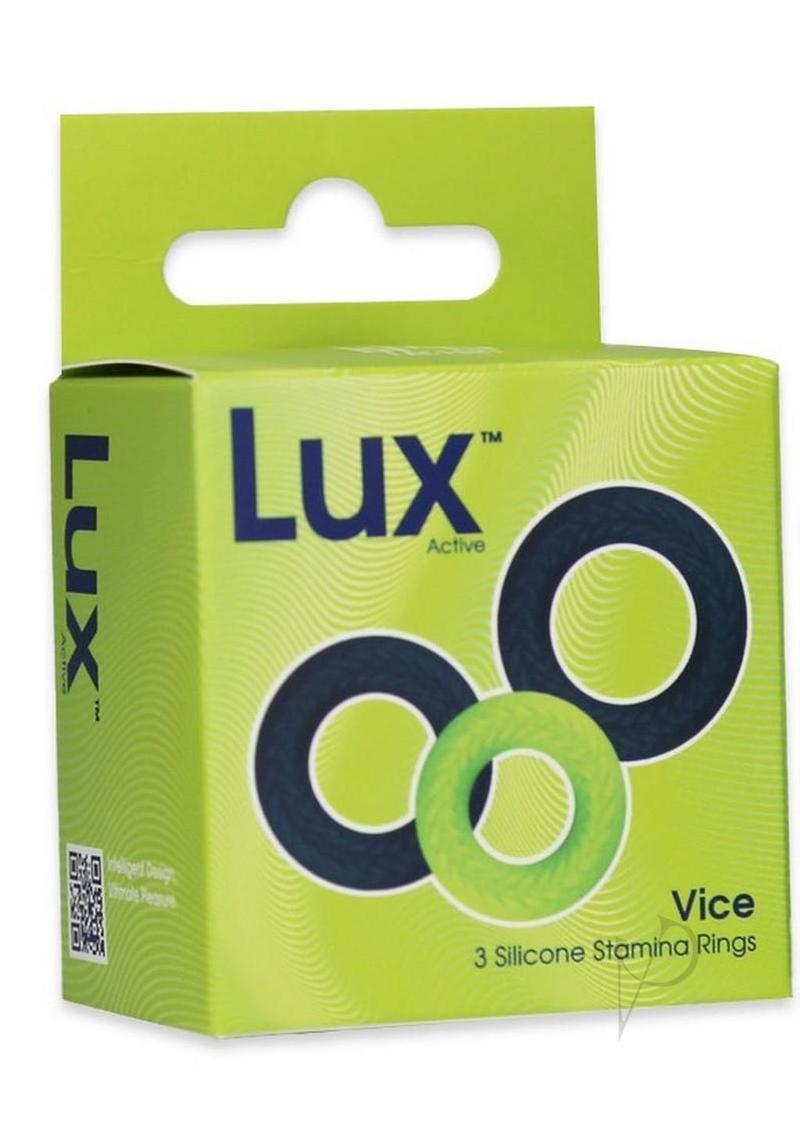 LUX Active Vice Silicone Stamina Rings 3 Pack Navy Green product packaging featuring three graduated silicone rings.
