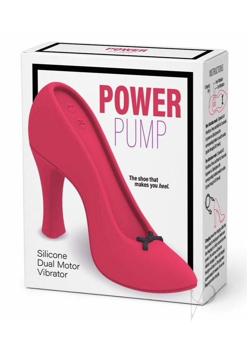 Power Pump Dual Motor Rechargeable Silicone Vibrator Red packaging featuring a high heel design for discreet pleasure.