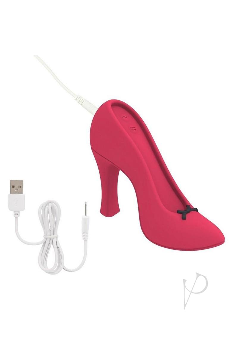 Power Pump Dual Motor Rechargeable Silicone Vibrator Red shaped like a high heel with charging cable.