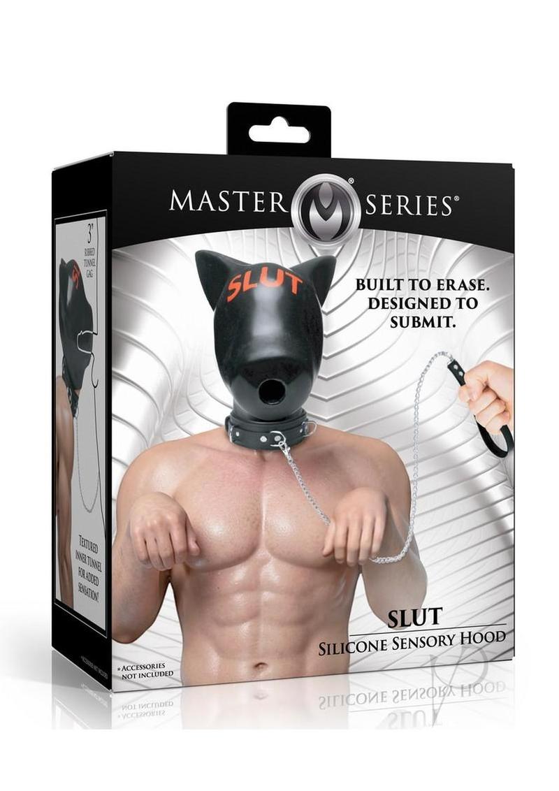Master Series Slut Silicone Sensory Hood Black and Red packaging with model wearing the hood.