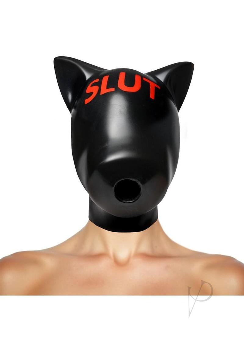 Master Series Slut Silicone Sensory Hood Black and Red, designed for sensory deprivation with a bold SLUT print.