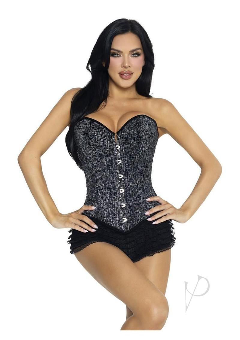 Leg Avenue Glitter Boned Lace-Up Corset Large Black worn with ruffled shorts, highlighting old-Hollywood glamour.