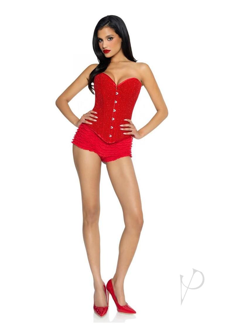 Leg Avenue Glitter Boned Corset with Lace-Up Back Medium Red worn with matching ruffled shorts and red heels.