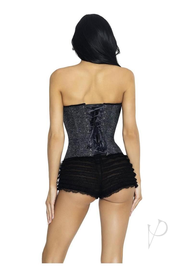 Leg Avenue Glitter Boned Lace-Up Corset Medium Black worn with matching ruffled shorts from behind.