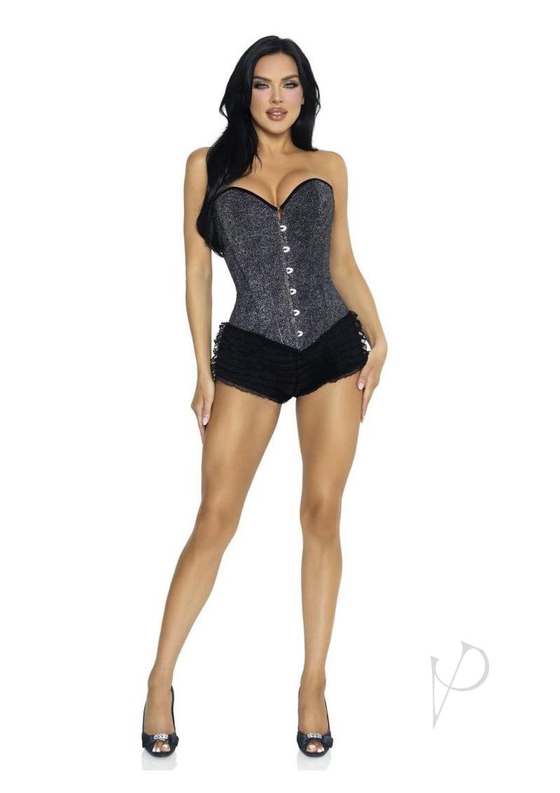 Leg Avenue Glitter Boned Lace-Up Corset Medium Black on model with ruffled shorts and heels.