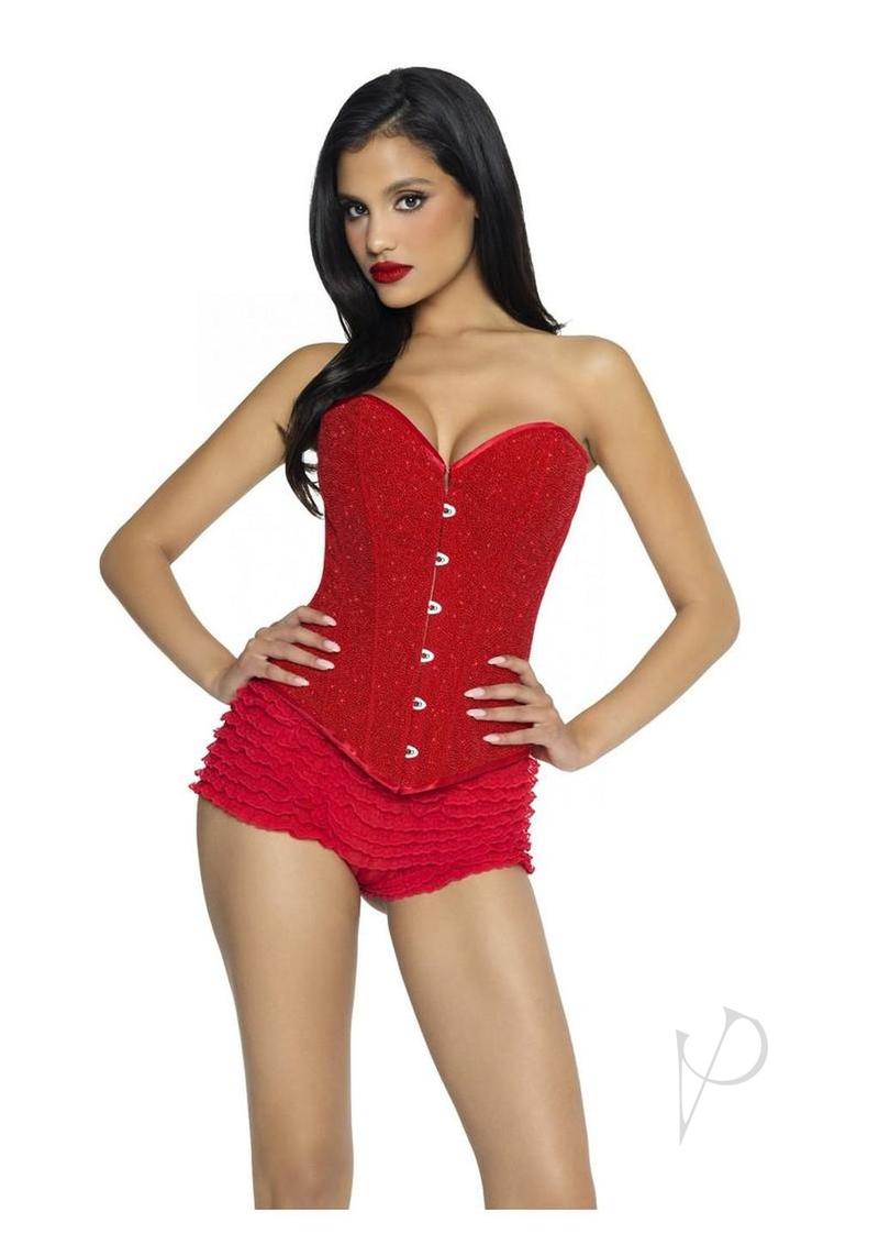 Leg Avenue Glitter Boned Corset with Lace-Up Back Large Red showcased in stunning red with sparkling texture.