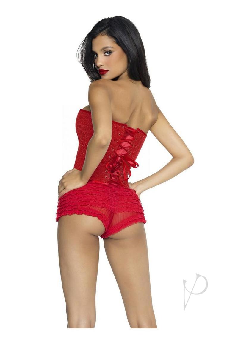 Leg Avenue Glitter Boned Corset with Lace-Up Back Large Red shown from the back, highlighting its glitter finish and lace-up design.