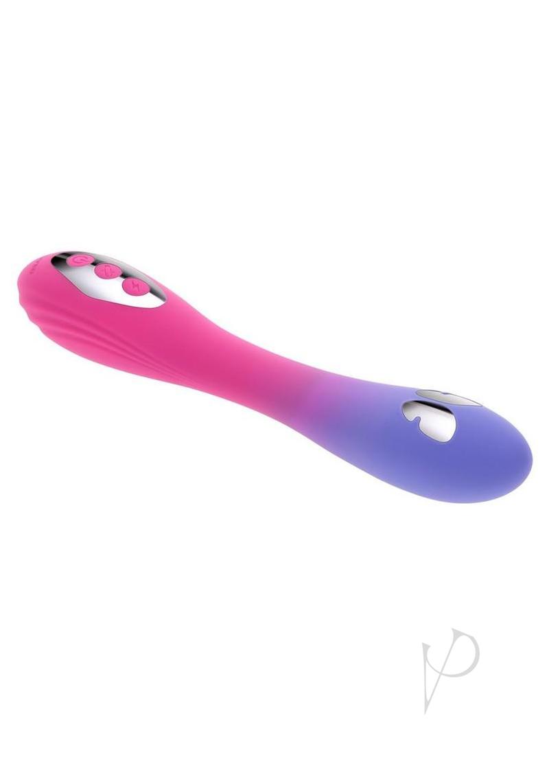 Evolved Paradise Pulse Silicone Butterfly Vibrator in pink and purple with electric pulse and vibration features.