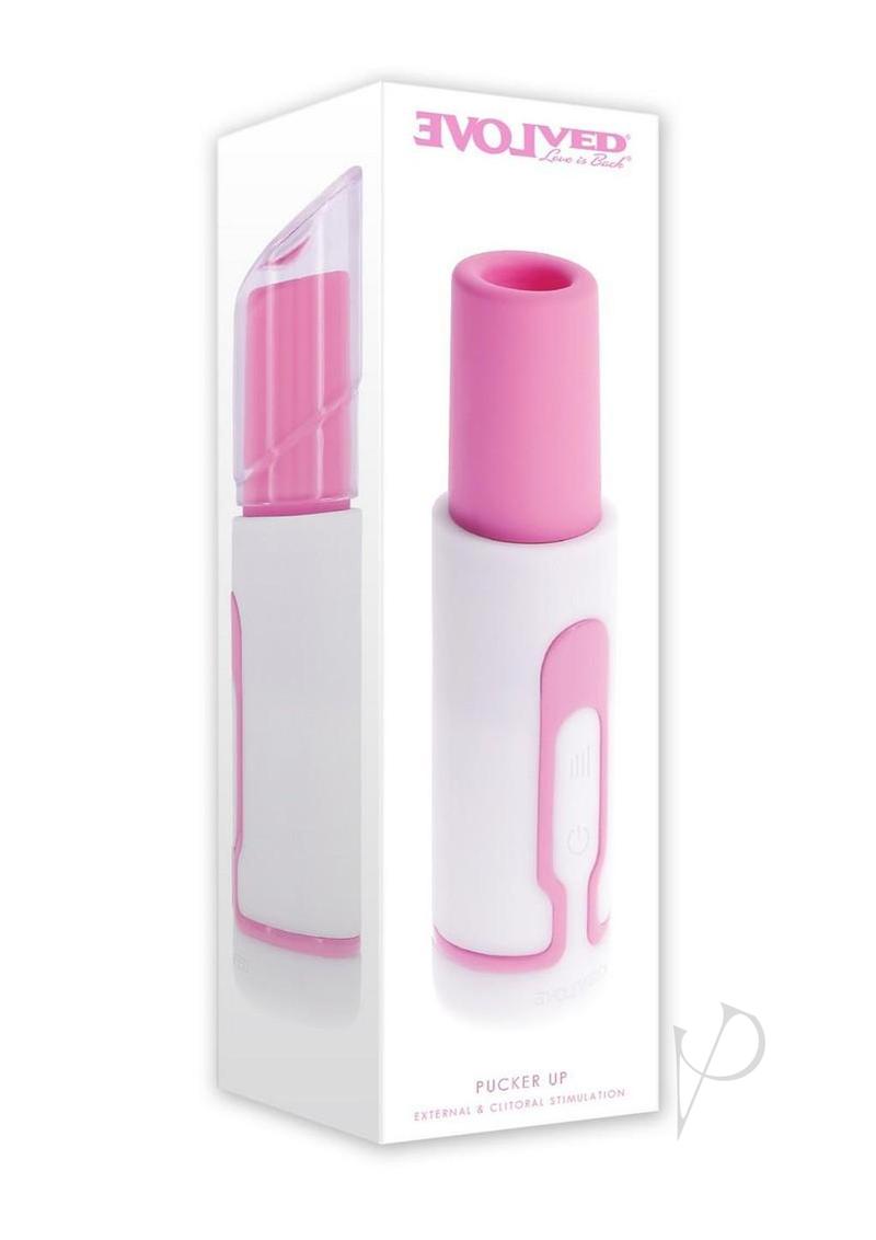 Evolved Pucker Up Lipstick Vibe Silicone Bullet Pink White packaging with clear top and pink accents.