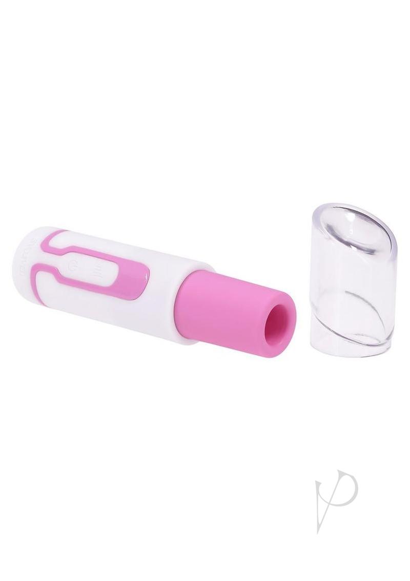 Evolved Pucker Up Lipstick Vibe Silicone Bullet Pink White with clear cap off, showcasing pink silicone tip.