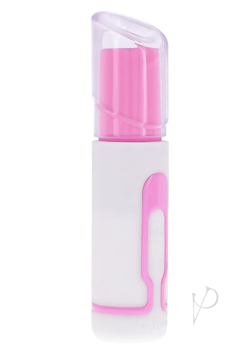 Evolved Pucker Up Lipstick Vibe Silicone Bullet Pink White side view with clear cap and control button.