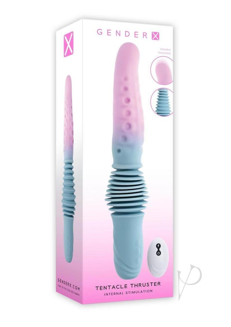 Gender X Tentacle Thruster Silicone Vibrator Blue Pink packaging with vibrant blue and pink design and thrusting feature.