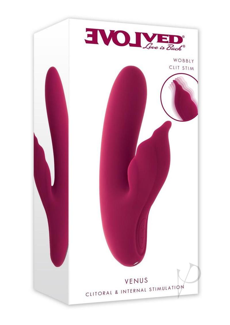 Evolved Venus Vibrator with Clitoral Stimulator Red in packaging showcasing its design and features.
