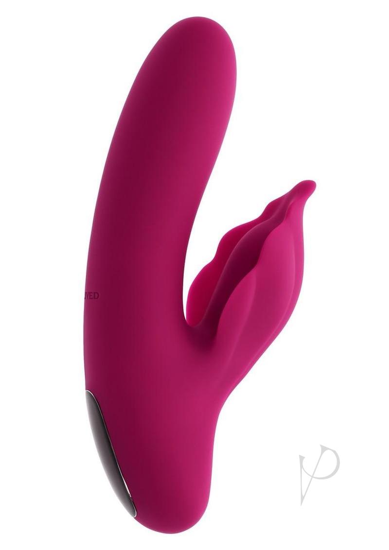 Evolved Venus Vibrator with Clitoral Stimulator Red featuring silicone shaft and seashell stimulator.