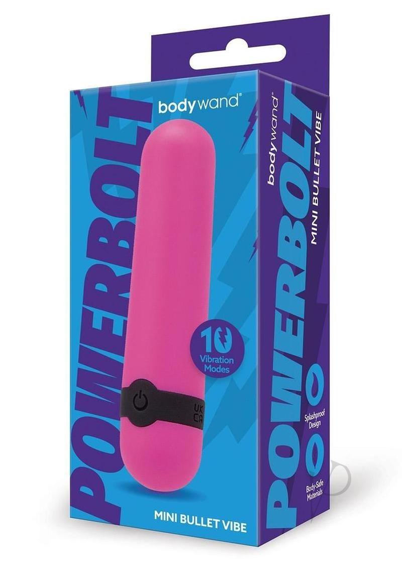 Bodywand Powerbolt Rechargeable Mini Bullet Pink compact vibrator with 10 vibration modes in pink packaging.