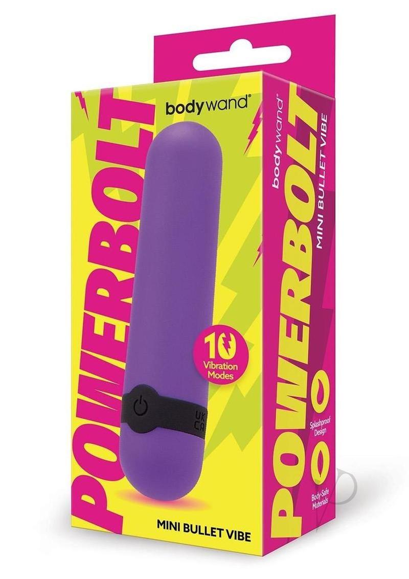 Bodywand Powerbolt Rechargeable Mini Bullet Purple packaging showing 10 vibration modes and splashproof design.