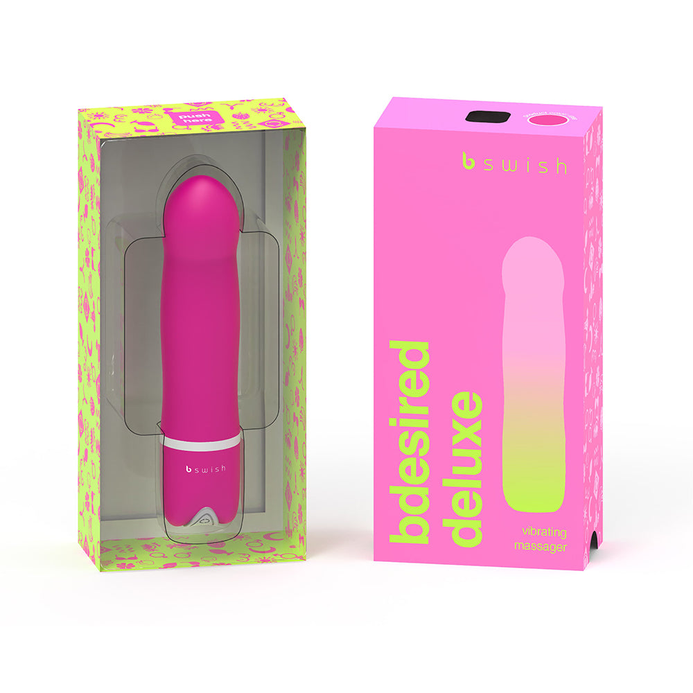 B Swish Bdesired Deluxe Vibrator Rose in vibrant packaging showcasing its sleek design and features.