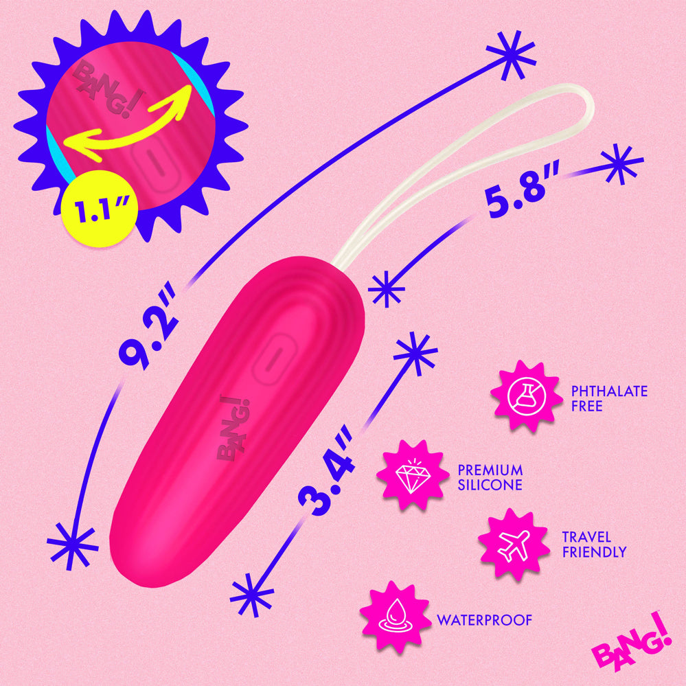Bang Silicone Vibrating Egg Pink dimensions and features, showcasing premium silicone, waterproof design, and travel-friendly functionality.