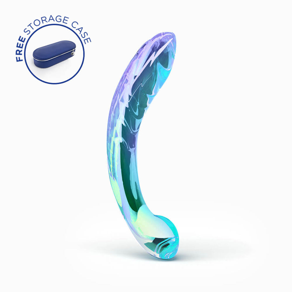 Biird Kalii Glass G-spot Dildo Teal with a free storage case, showcasing elegant design and smooth texture.