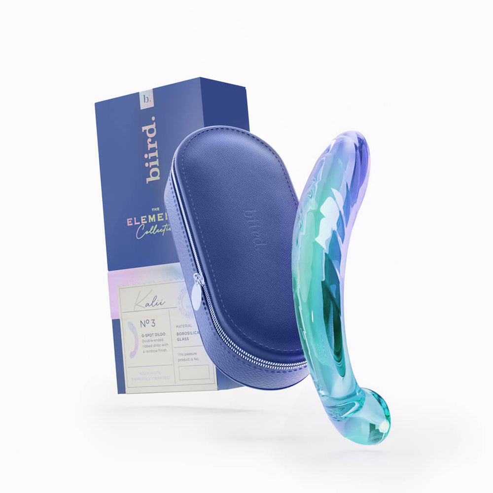 Biird Kalii Glass G-spot Dildo Teal with packaging and case for elegant design and pleasure.