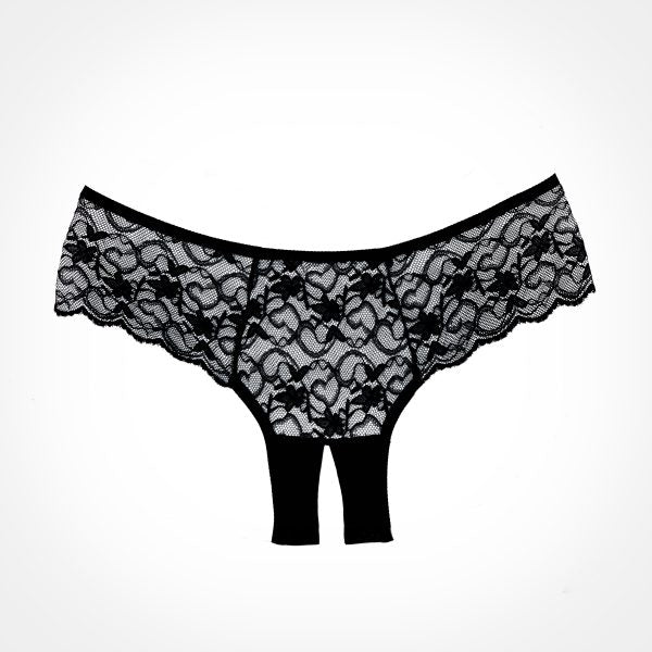 Adore Sweetheart Panty One Size in black lace showcasing a romantic and daring open gusset design.
